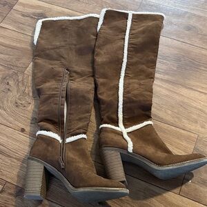 Elegant Brown Over the Knee Boots with Shearling Trim